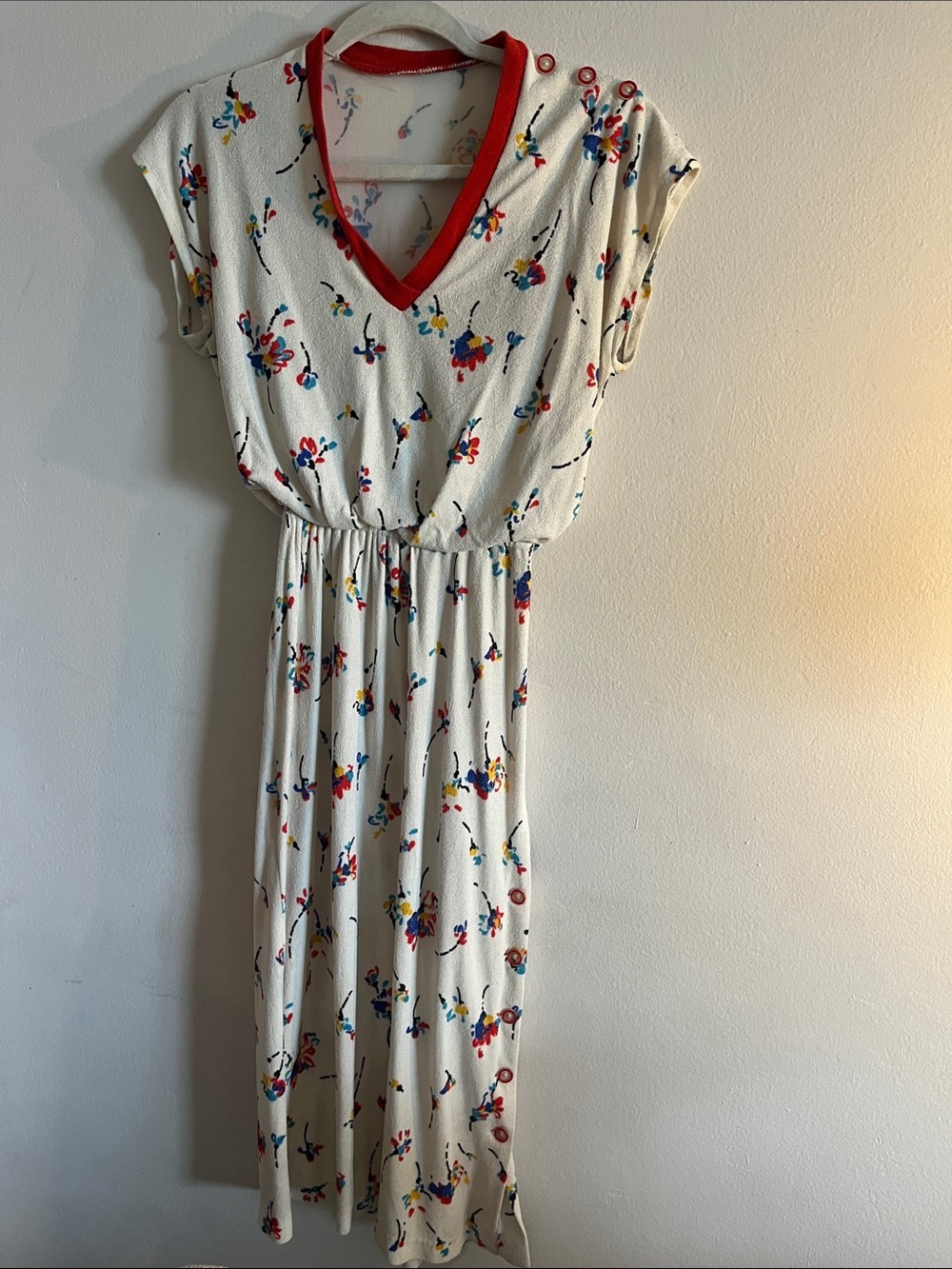 Cream Floral V-Neck Midi Dress with Red Trim